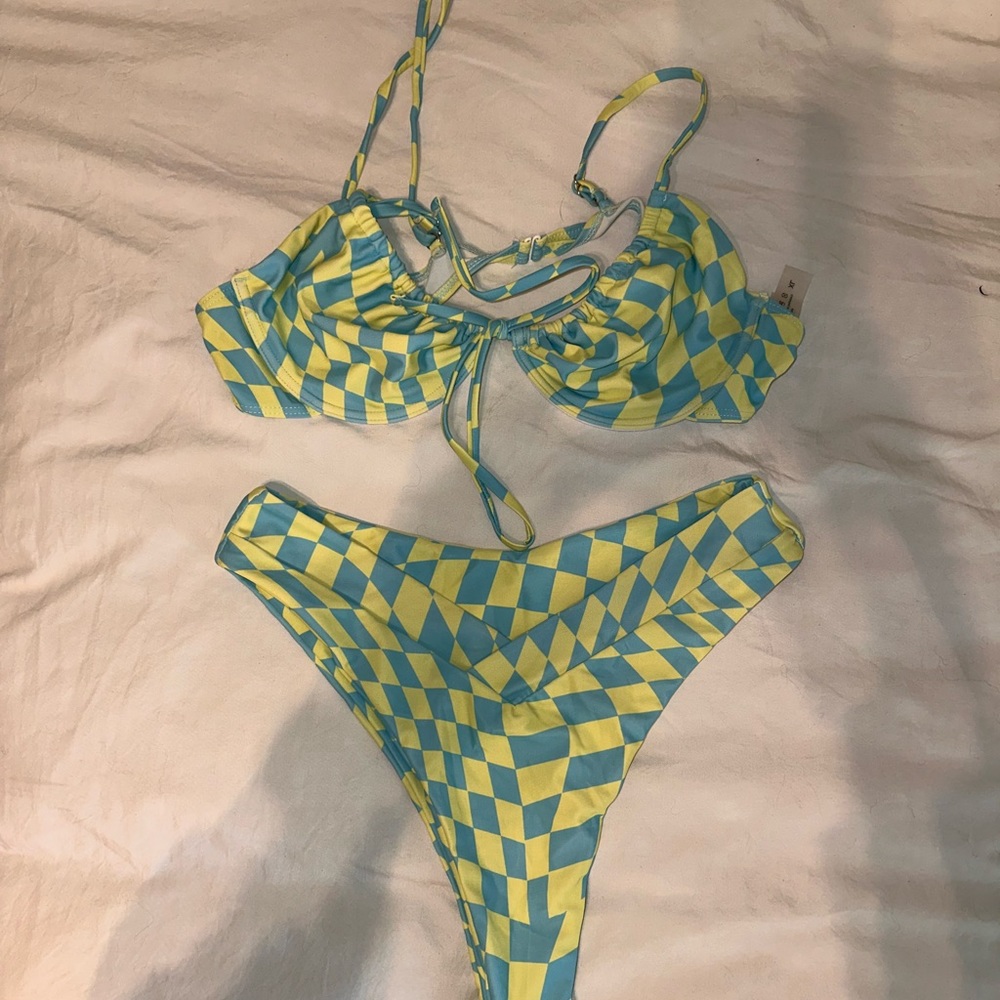 Blue & Yellow Check High-Leg Bikini Set